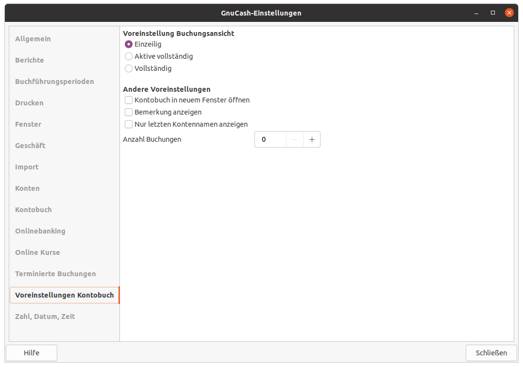 Die GnuCash-Einstellungen der Voreinstellungen Kontobuch