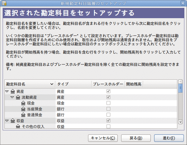 新規勘定科目階層のセットアップアシスタント - 設定