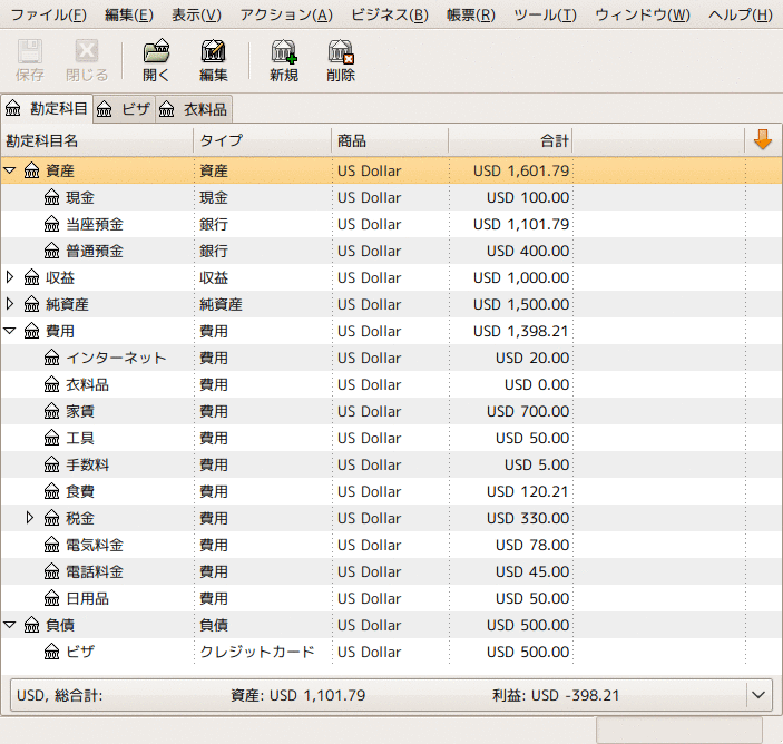 開始時の勘定科目構造