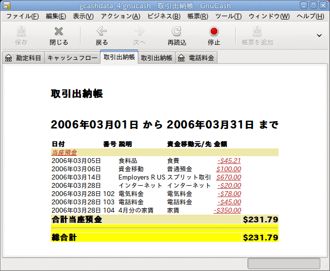 3月の当座預金勘定科目の取引出納帳