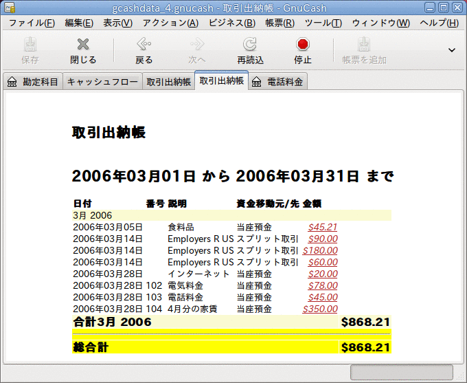 3月の費用勘定科目の取引出納帳