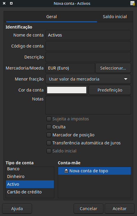 Criação de uma conta de activos