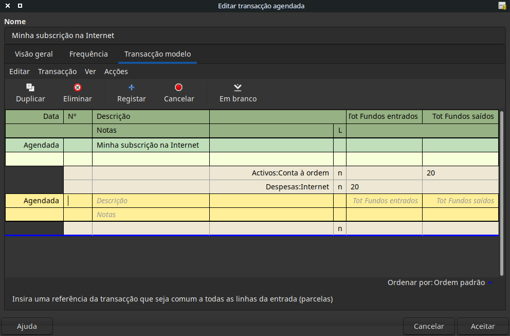 Separador Transacção modelo da janela Editar transacção agendada